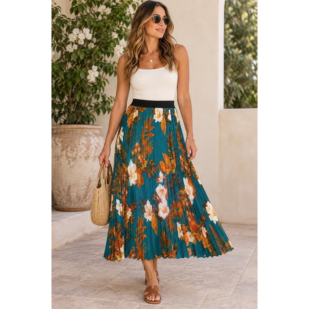 Teal Floral Pleated Midi‎ Skirt Orange Botanical Print Elastic Waist Large